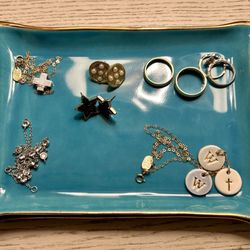Susan Gordon Pottery - Teal gray. The cross and letter pendants are SGP. She offers a wide variety of colors and all letters.