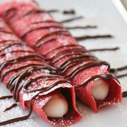 Jay Bee's Diner - Red velvet crepe with your choice of fresh fruit stuffing.