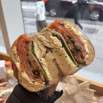 Ess-a-Bagel - The Signature Favorite (no onion, sub jalapeño cream cheese) on an everything bagel - Bagels Near Me - New York, New York Ess-a-Bagel - The Signature Favorite (no onion, sub jalapeño cream cheese) on an everything bagel - Bagels Near Me - New York, New York