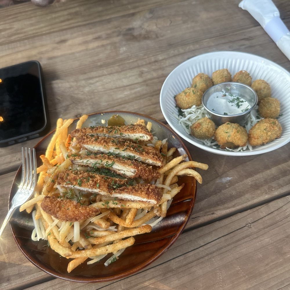 Rising Tides - Chicken katsu fries and the fried olives - Bars Near Me - Dallas, Texas
