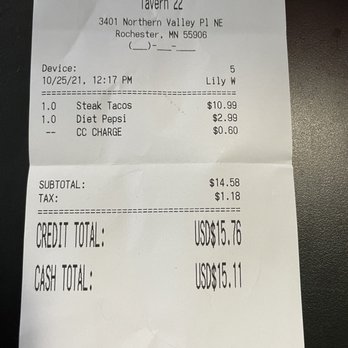 Tavern 22 - Surcharge for using a credit card. - Breakfast & Brunch Near Me - Rochester, Minnesota