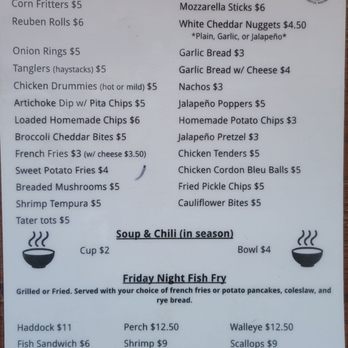 EJ's - Menu as of 10/28/2022 - The menu features appetizers like Reuben rolls, onion rings, and mozzarella sticks, along with soups and Friday night fish fry options including haddock and shrimp. - Dive Bars Near Me - Hubertus, Wisconsin