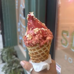 Big Softie - Vanilla ice cream, strawberry hard shell, strawberry crumble, coconut flakes.