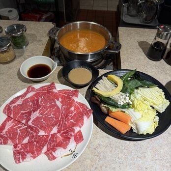 Shabu Shabu House - Prime ribeye size medium with accompanying veggies and dips - Japanese Near Me - San Diego, California Shabu Shabu House - Prime ribeye size medium with accompanying veggies and dips - Japanese Near Me - San Diego, California