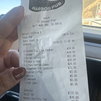Ketch Harbor Pub - Receipt with wrong charge. - Seafood Near Me - Half Moon Bay, California