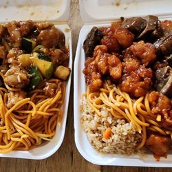 Panda Wok - Two 2 item combs. Half fried rice, Half Chow mein Chicken and mushrooms + Kung Pao chicken Orange chicken + Pork ribs