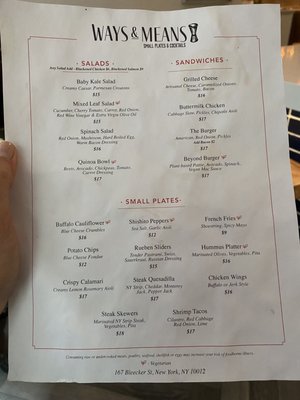 Menu photo 2 Ways & Means New York, NY Menu photo 2 Ways & Means New York, NY