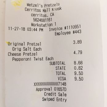 Wetzel's Pretzels - Receipt and uncooked pretzel - Pretzels Near Me - Cerritos, California Wetzel's Pretzels - Receipt and uncooked pretzel - Pretzels Near Me - Cerritos, California