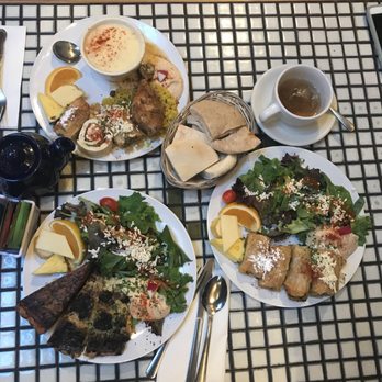 La Mediterranee - Top = med plate  Left = quiche  Right = Fillo Combination - Mediterranean Near Me - Berkeley, California