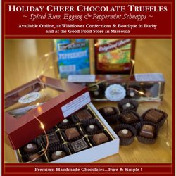 Wildflower Confections & Boutique - Our Holiday Cheer Chocolates! Spiced Buttered Rum, Eggnog & Peppermint Schnapps...available Thanksgiving through New Year's