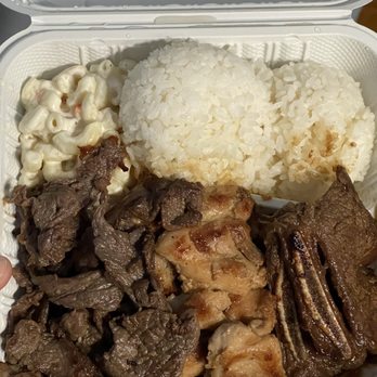 Hawaii Station - BBQ Mix Combo. The meat from left to right is BBQ Beef, BBQ Chicken and BBQ Short Ribs. Macaroni Salad and White Rice on top - Hawaiian Near Me - Edison, New Jersey Hawaii Station - BBQ Mix Combo. The meat from left to right is BBQ Beef, BBQ Chicken and BBQ Short Ribs. Macaroni Salad and White Rice on top - Hawaiian Near Me - Edison, New Jersey