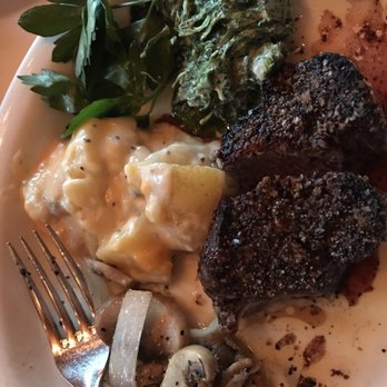 Four Winds Steakhouse - Filet charred medium well, creamed spinach, scalloped potatoes and mushrooms and onions! - Steakhouses Near Me - Wills Point, Texas