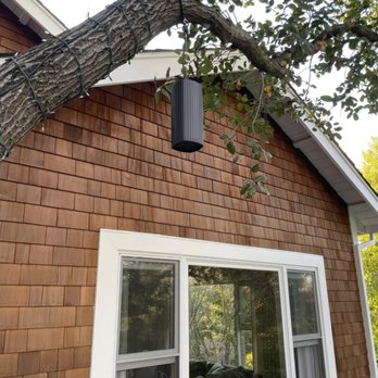 AA Customs - Pendant speaker from James Loudspeaker  looks perfect on the back patio project - Home Theatre Installation Near Me - Burlingame, California