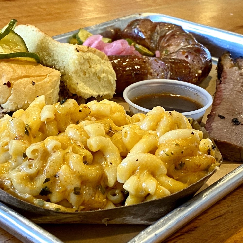 Bar-Q - Mac and Cheese, Brisket, jalapeño link and pulled pork sandwich. - Southern Near Me - Norfolk, Virginia Bar-Q - Mac and Cheese, Brisket, jalapeño link and pulled pork sandwich. - Southern Near Me - Norfolk, Virginia