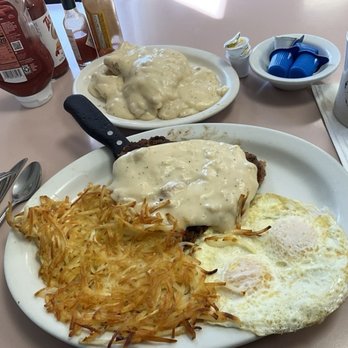 Carla's Cafe - Chicken fried steak, eggs over easy, hash browns, biscuits and gravy. Coffee - Diners Near Me - Bakersfield, California