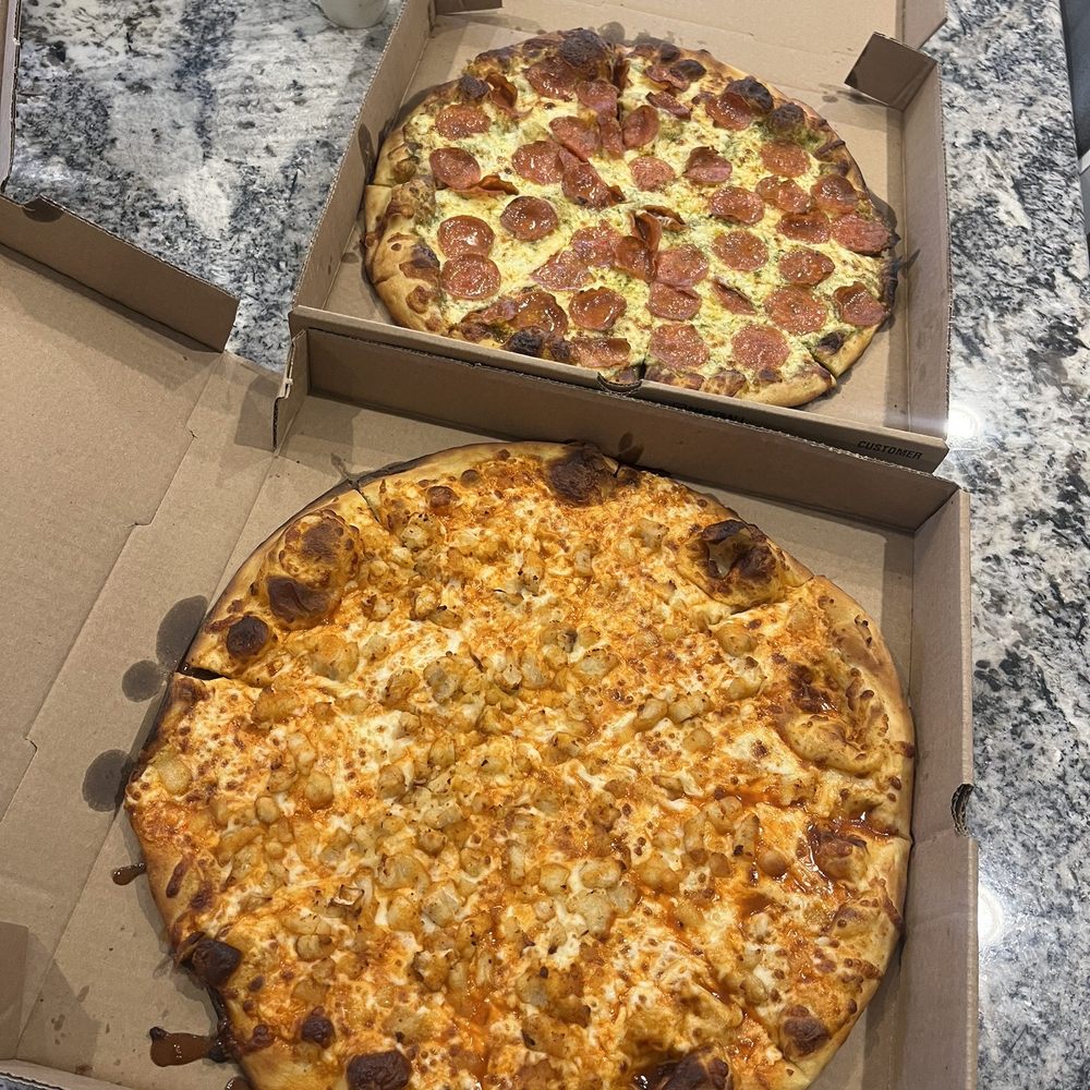 Buffalo chicken and Pesto pepperoni pizzas Buffalo chicken and Pesto pepperoni pizzas