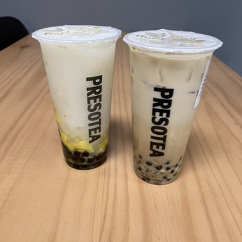 Presotea - Left:lychee snow with pudding and boba. Right:winter melon and hojicha with boba - Bubble Tea Near Me - Elk Grove, California