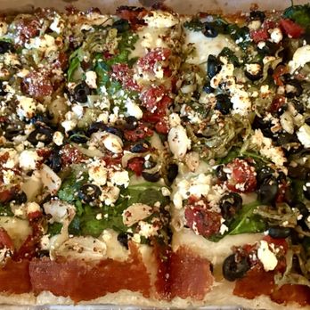 Red Plum - Greek pizza with greens, black olives, and feta cheese - Pizza Near Me - Boardman, Ohio Red Plum - Greek pizza with greens, black olives, and feta cheese - Pizza Near Me - Boardman, Ohio