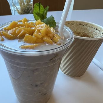Heirloom Brewshop - Overnight oats with azuki and mango topping. (Also half finished latte with brown sugar & 5 spice added.) - Coffee & Tea Near Me - Raleigh, North Carolina Heirloom Brewshop - Overnight oats with azuki and mango topping. (Also half finished latte with brown sugar & 5 spice added.) - Coffee & Tea Near Me - Raleigh, North Carolina