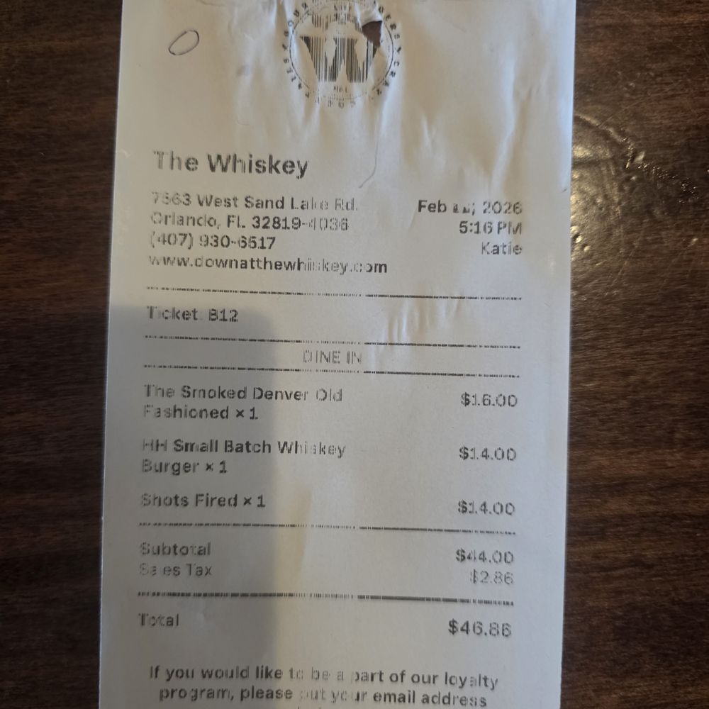 The Whiskey - 2026-2 Receipt - American Near Me - Orlando, Florida The Whiskey - 2026-2 Receipt - American Near Me - Orlando, Florida