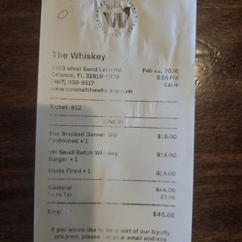 The Whiskey - 2026-2 Receipt - American Near Me - Orlando, Florida The Whiskey - 2026-2 Receipt - American Near Me - Orlando, Florida