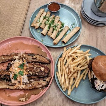 Maypole - Lumpia, pork belly adobo, and fried chicken sandwich with fries - New American Near Me - Wheaton, Illinois Maypole - Lumpia, pork belly adobo, and fried chicken sandwich with fries - New American Near Me - Wheaton, Illinois