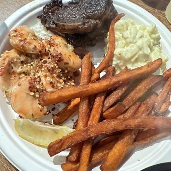 Hawaiian Style BBQ - Beef Short Ribs & spicy garlic shrimp combo with sweet potato fries and potato salad - Hawaiian Near Me - Augusta, Georgia Hawaiian Style BBQ - Beef Short Ribs & spicy garlic shrimp combo with sweet potato fries and potato salad - Hawaiian Near Me - Augusta, Georgia