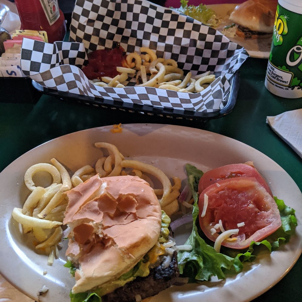 O'Guac burger and curly fries O'Guac burger and curly fries