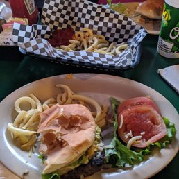 O'Guac burger and curly fries O'Guac burger and curly fries