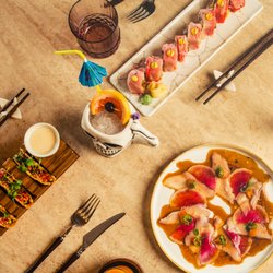 Aquasan - Lady in Red Roll, Truffle Hamachi, Tacos and Tequila