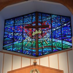 Stained glass in center of church, beautiful!