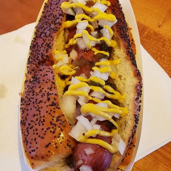 Honor Market - a hot dog with mustard and onions - Gas Stations Near Me - Yountville, California