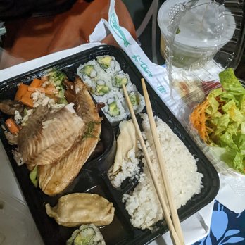 Hana Sushi - Salmon teriyaki dinner with California roll, 2 pc gyoza, house salad, and miso - Japanese Near Me - South Plainfield, New Jersey Hana Sushi - Salmon teriyaki dinner with California roll, 2 pc gyoza, house salad, and miso - Japanese Near Me - South Plainfield, New Jersey