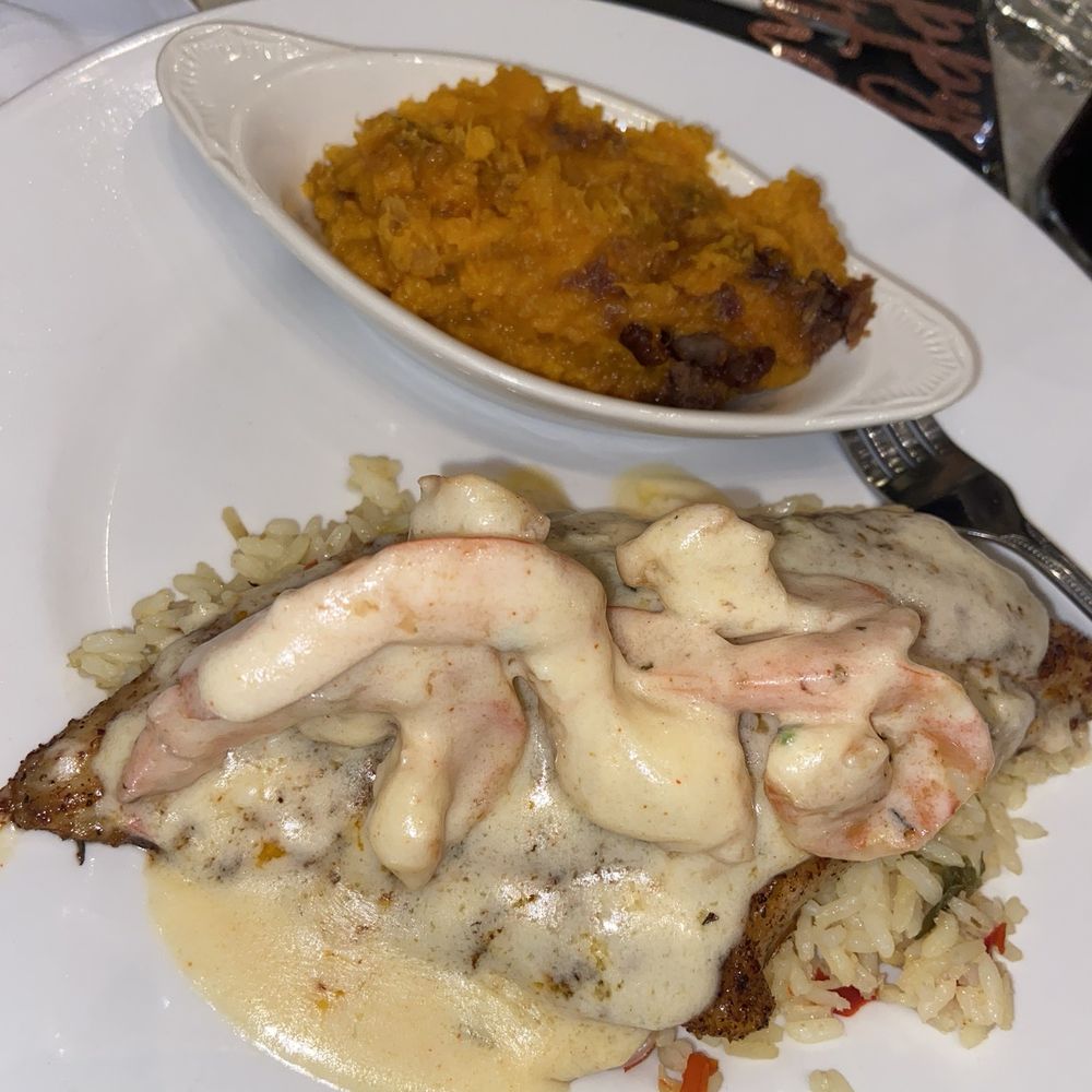 Riverside Grille - Catfish Atchafalaya w/ side Sweet Potato Casserole - American Near Me - Beaumont, Texas Riverside Grille - Catfish Atchafalaya w/ side Sweet Potato Casserole - American Near Me - Beaumont, Texas