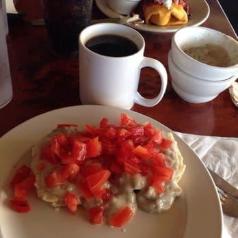 Scenic View Restaurant - Biscuits & gravy with tomatoes. - Breakfast & Brunch Near Me - Bloomington, Indiana