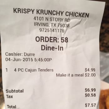 Krispy Krunchy Chicken - Irving - Not bad for 4 huge tenders, a side of your choice, a biscuit and a drink - Burgers Near Me - Irving, Texas Krispy Krunchy Chicken - Irving - Not bad for 4 huge tenders, a side of your choice, a biscuit and a drink - Burgers Near Me - Irving, Texas