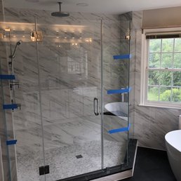 Just installed- frameless LOW LEAD Glass shower enclosure Just installed- frameless LOW LEAD Glass shower enclosure