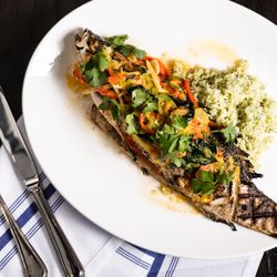 Thr3 Jack - Whole Grilled Branzino with jalapeno, orange, basil, and herbed couscous.