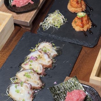 Taberu Sushi - mizu tako aburi (bottom) & spicy tuna crispy rice (top) - Japanese Near Me - Santa Ana, California Taberu Sushi - mizu tako aburi (bottom) & spicy tuna crispy rice (top) - Japanese Near Me - Santa Ana, California