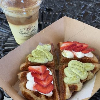 Cafe Du Bliss - Iced corn latte, half & half strawberry & matcha croffle - Cafes Near Me - Austin, Texas