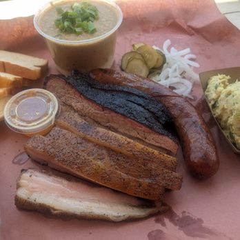 Goldee’s BBQ - Brisket, pork belly, special link, potato salad, pork hash, bread - Barbeque Near Me - Fort Worth, Texas