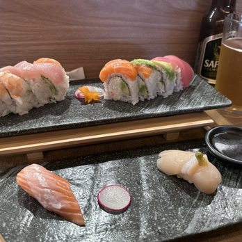 Asahi Sushi - Rainbow Roll , bottom left :Salmon Belly Sushi (Sake Toro) , bottom right : Jumbo Scallop Sushi (Hotate) - Sushi Bars Near Me - Granada Hills, California Asahi Sushi - Rainbow Roll , bottom left :Salmon Belly Sushi (Sake Toro) , bottom right : Jumbo Scallop Sushi (Hotate) - Sushi Bars Near Me - Granada Hills, California