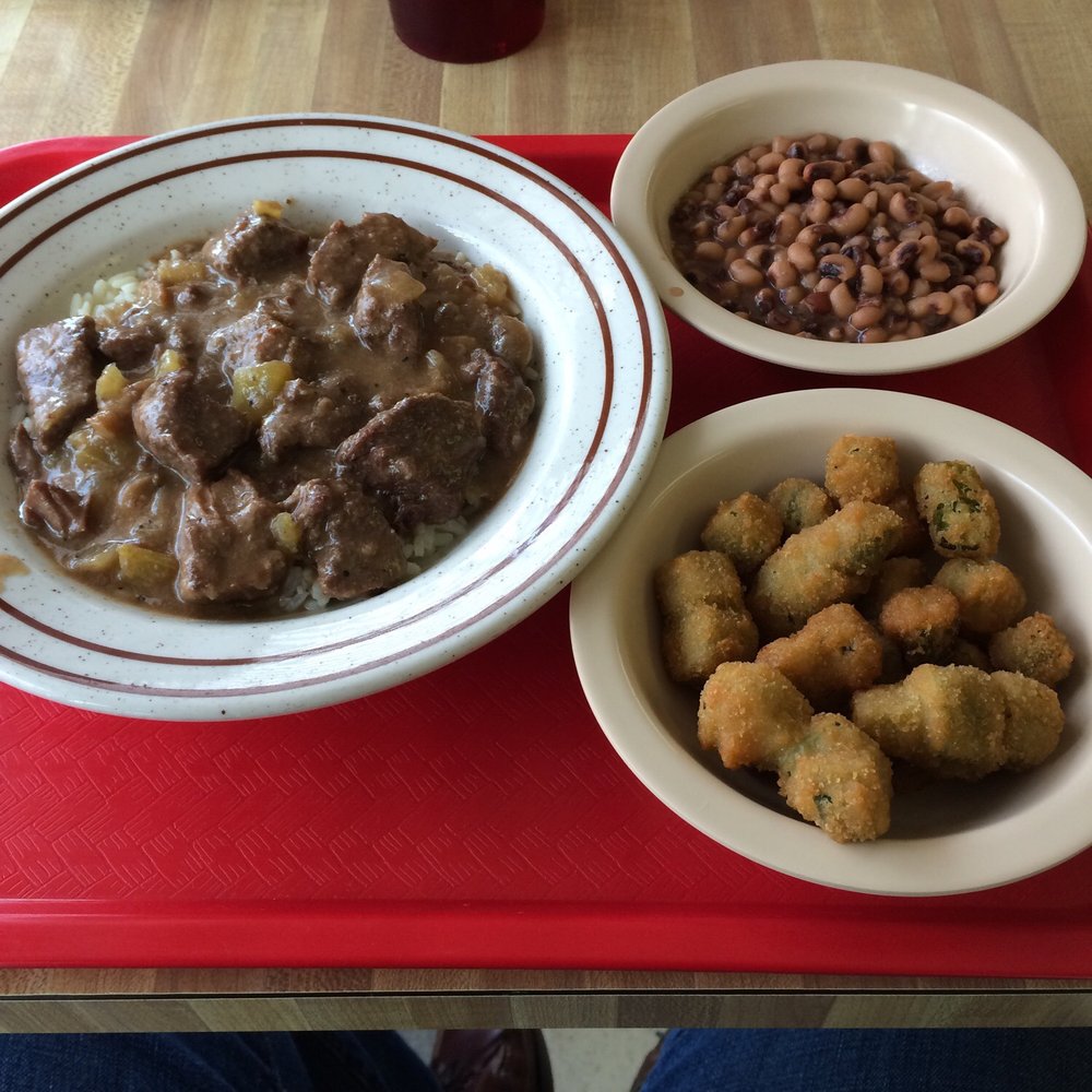 Angie's Country Kitchen - Beef tips over rice with fried okra and black eyed peas - American Near Me - Houston, Texas Angie's Country Kitchen - Beef tips over rice with fried okra and black eyed peas - American Near Me - Houston, Texas