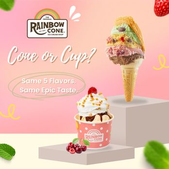 The Original Rainbow Cone - Can't decide? Now you don't have to! Enjoy our famous five-flavor Rainbow Cone in a traditional waffle cone or served in a co... - Ice Cream & Frozen Yogurt Near Me - Cypress, California The Original Rainbow Cone - Can't decide? Now you don't have to! Enjoy our famous five-flavor Rainbow Cone in a traditional waffle cone or served in a co... - Ice Cream & Frozen Yogurt Near Me - Cypress, California