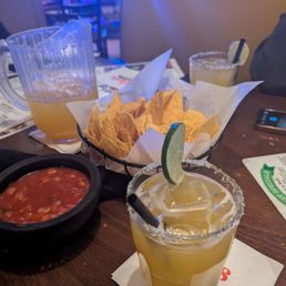 Margarita pitcher. Chips and salsa for the table