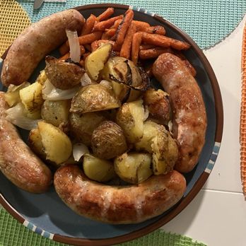 Hudson Polish Delicatessen - The fresh Kielbasa roasted (ring) around roasted potatoes and carrots. Kielbasa bought from Polish Deli and cooked at home. Was a hit!! - Grocery Near Me - Hudson, New York Hudson Polish Delicatessen - The fresh Kielbasa roasted (ring) around roasted potatoes and carrots. Kielbasa bought from Polish Deli and cooked at home. Was a hit!! - Grocery Near Me - Hudson, New York