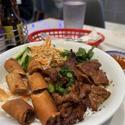 Pho Station - Bbq pork and spring roll on vermicelli noodles.
