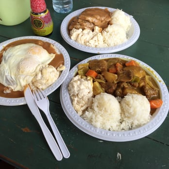 Rainbow Drive-In - Beef curry, loco moco and roast pork with gravy. - Hawaiian Near Me - Honolulu, Hawaii