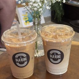 Left: iced Baja. Right: iced latte Left: iced Baja. Right: iced latte