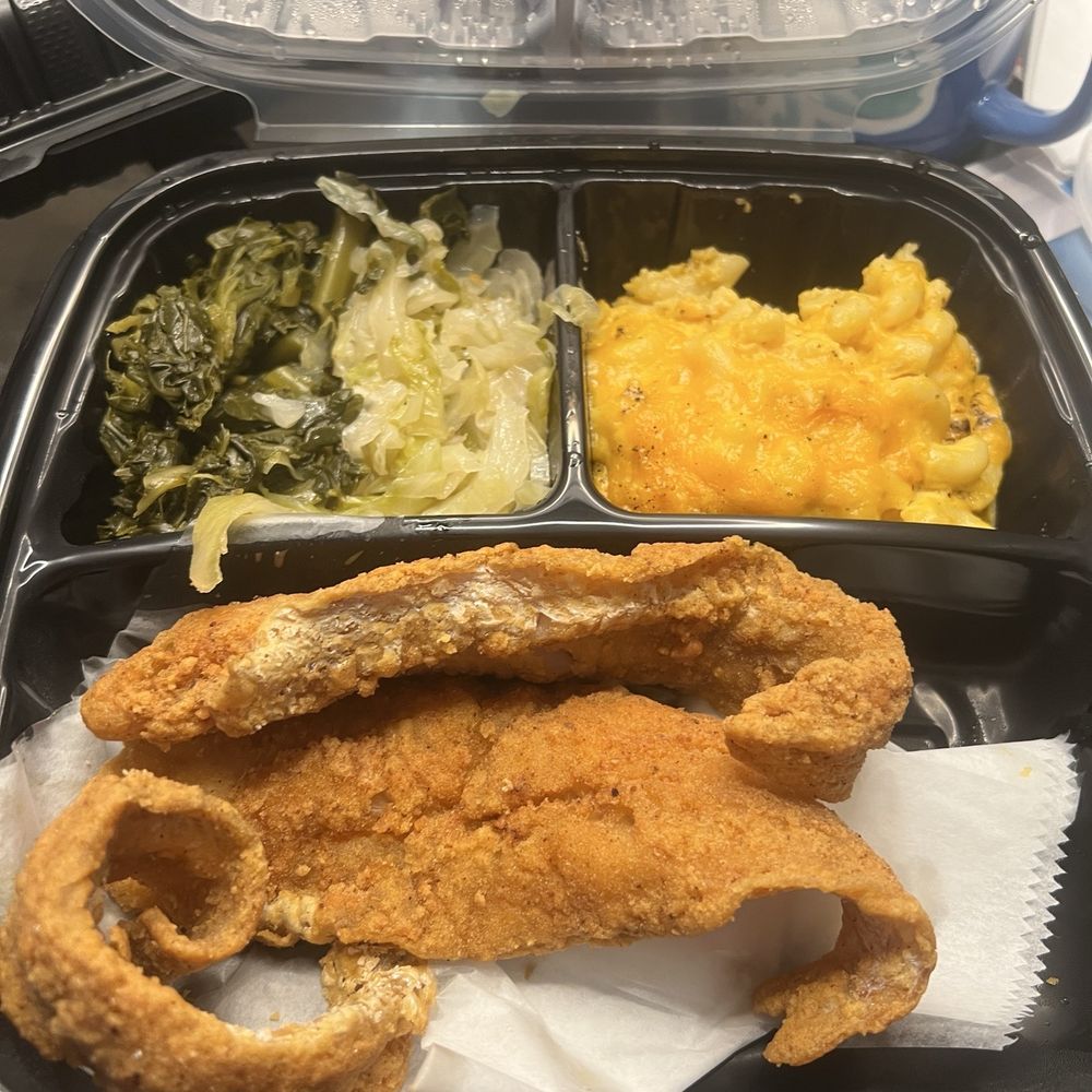 EllaRay's Cafe - Whiting meal with Mac and cheese and cabbage and collards. - Soul Food Near Me - Forestville, Maryland EllaRay's Cafe - Whiting meal with Mac and cheese and cabbage and collards. - Soul Food Near Me - Forestville, Maryland
